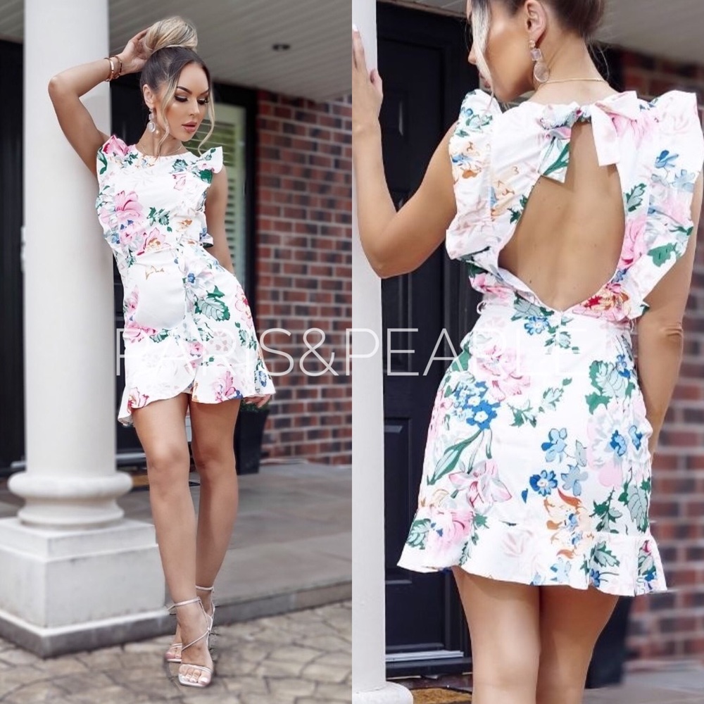 Garden Envy White Floral Print Open Back Dress